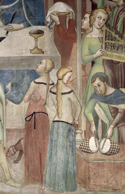 Satanás pidiendo a Dios tentar a Job, detalle de músicos, 1356-67 de also Manfredi de Battilori Bartolo di Fredi